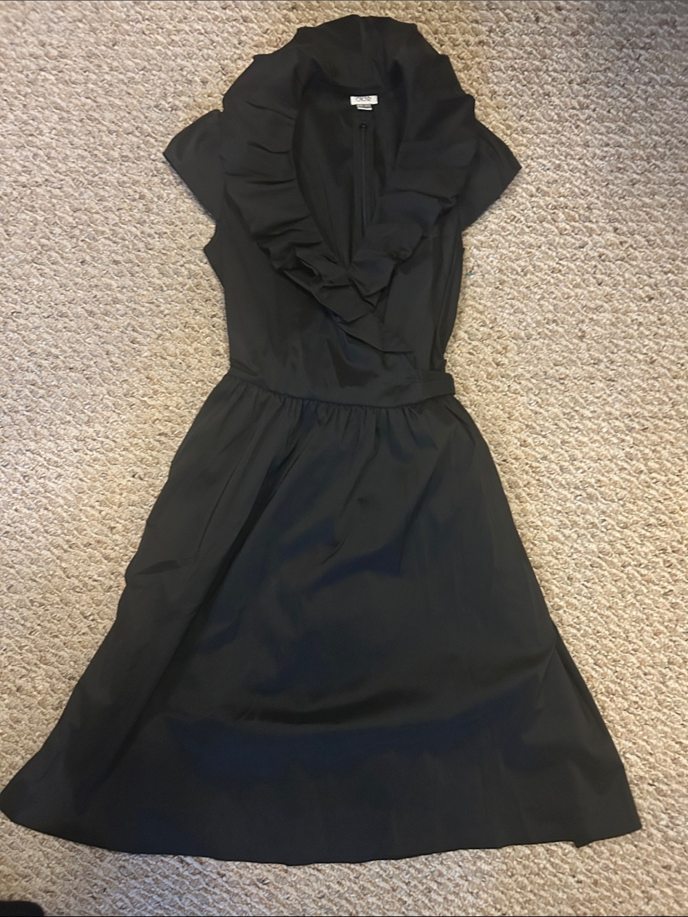 Cache, Women's Black Ruffle Collar, tie at waist, Midi Dress